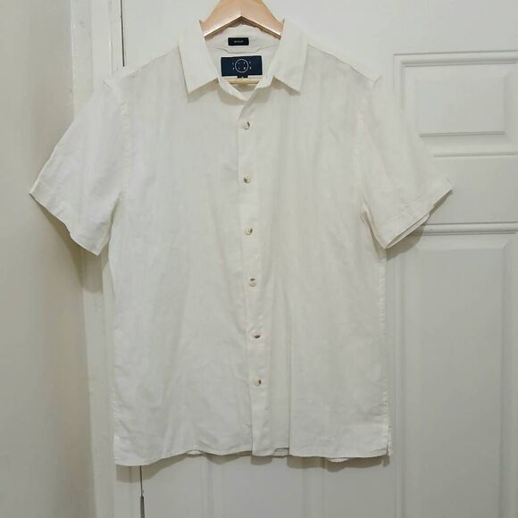 Even tide mens medium hemp cotton white shortsleeve casual button down shirt - Picture 1 of 5